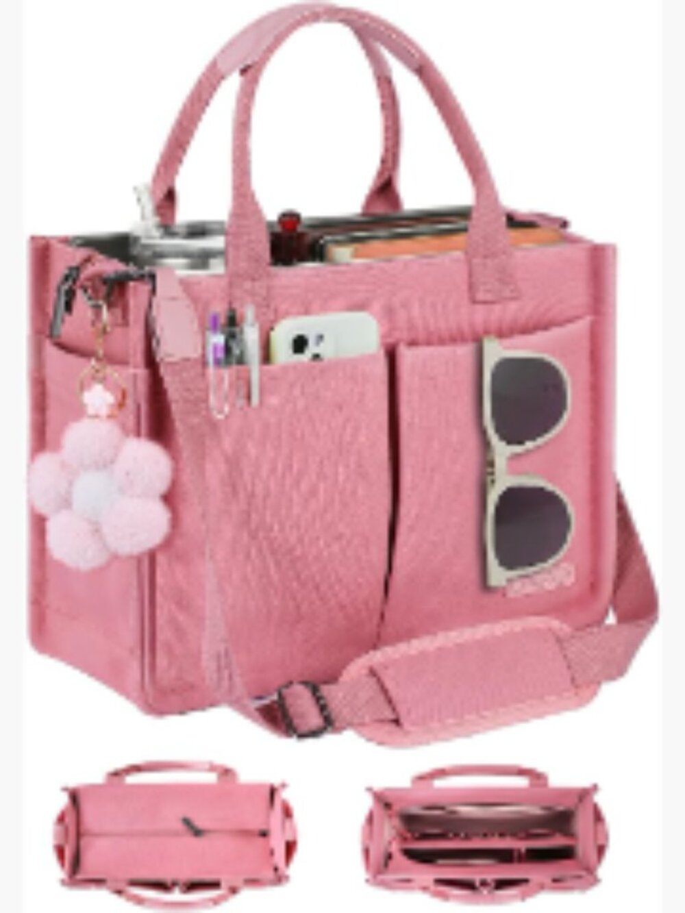 Canvas Tote Bag with Multiple Compartments, Zipper Top, Reinforced Bottom &